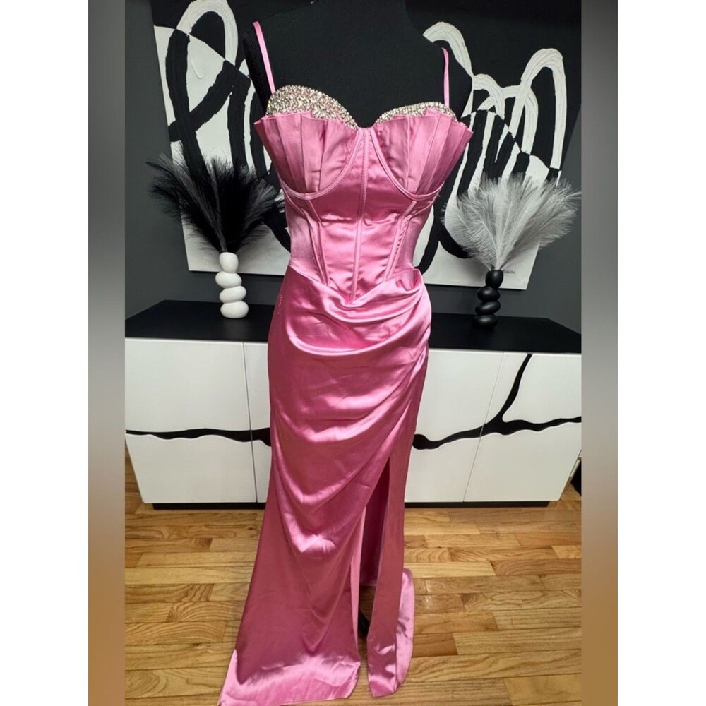 Ladivine Pink Satin Corset Gown Women's 6 Crystal Straps High Slit Formal